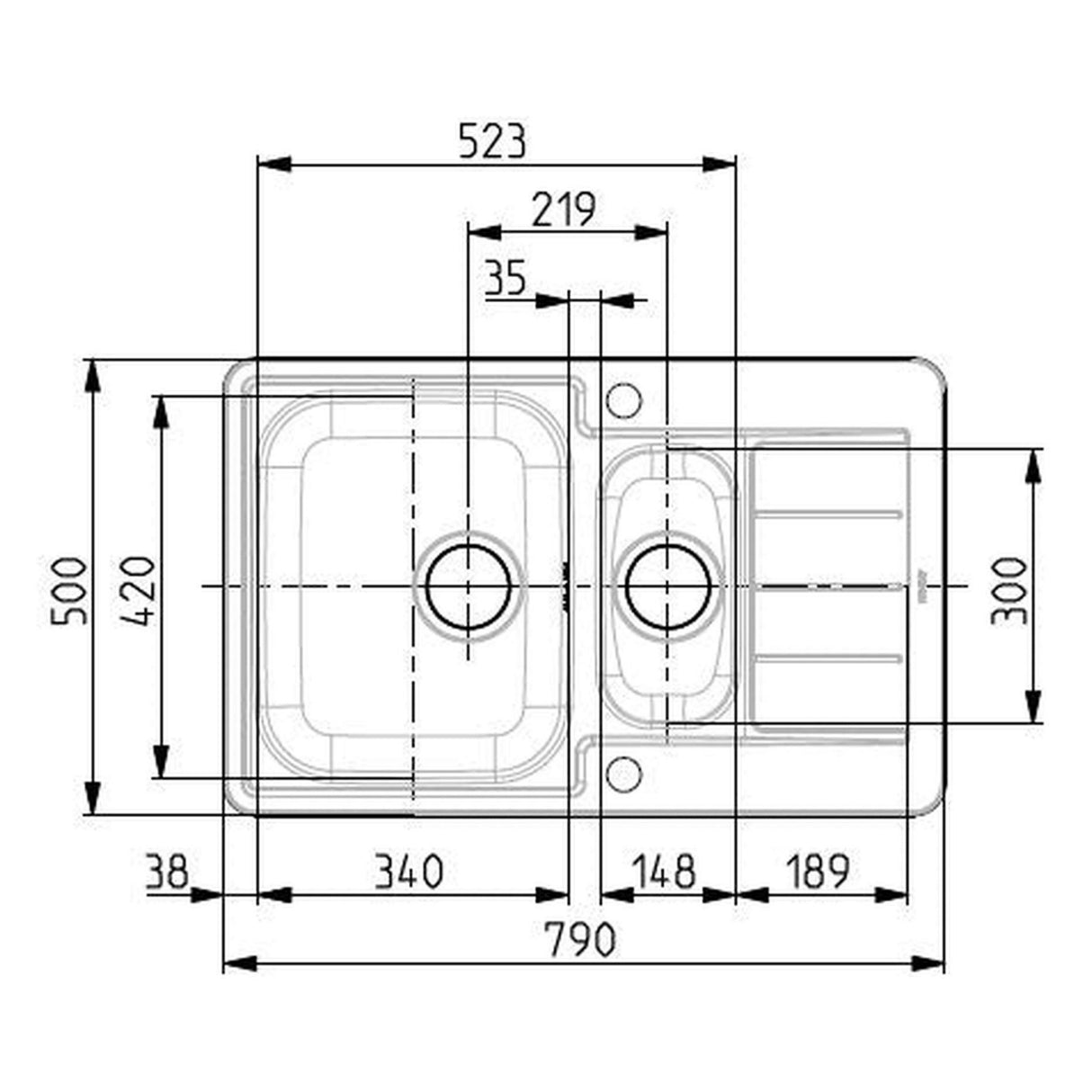 Technical Drawing with Dimensions for Alveus Line 70 Inset Sink For 500mm Cabinet in One and Half Bowl Stainless Steel