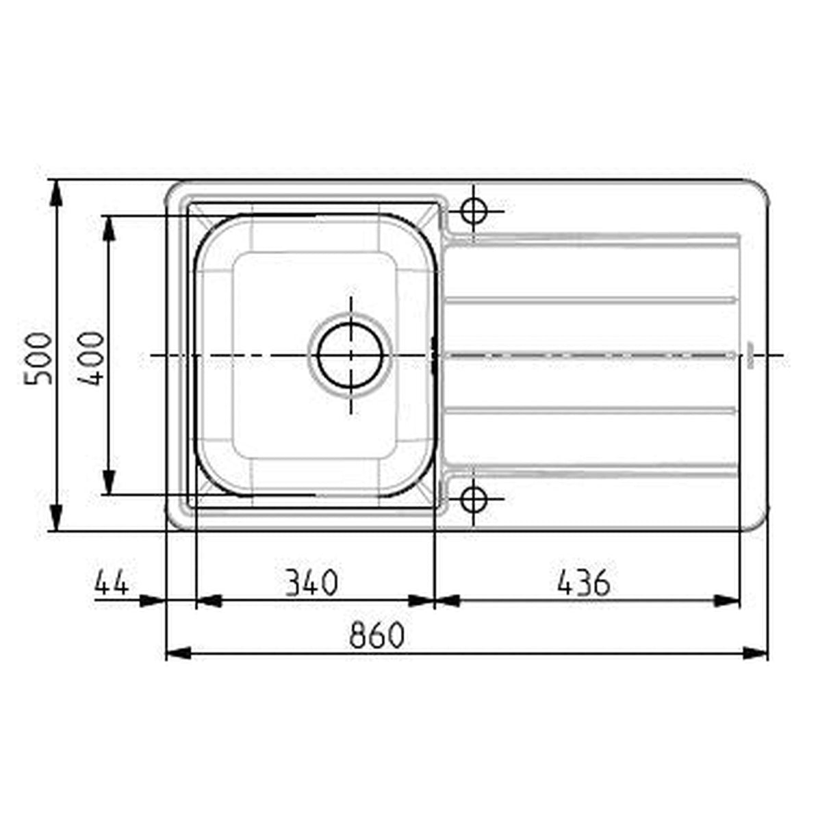 Technical Drawing with Dimensions for Alveus Line Maxim 20 Inset Sink For 500mm Cabinet In Single Bowl Single Drainer Stainless Steel