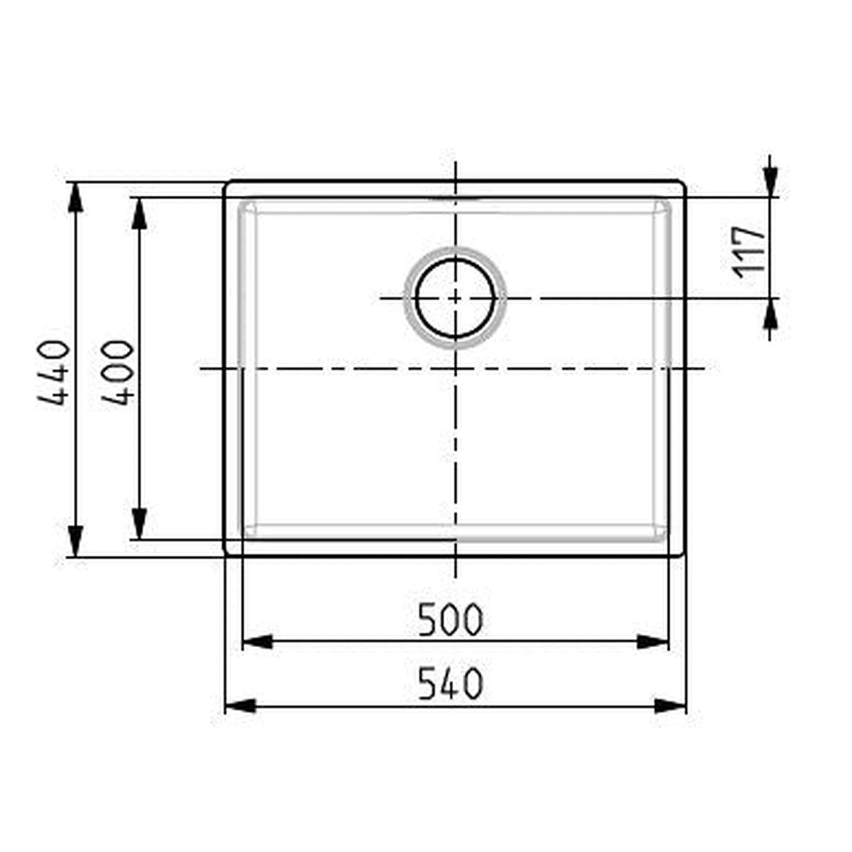 Technical drawing with dimensions for Alveus Kombino 50 Undermount Sink For 600mm Cabinet In Single Bowl Stainless Steel