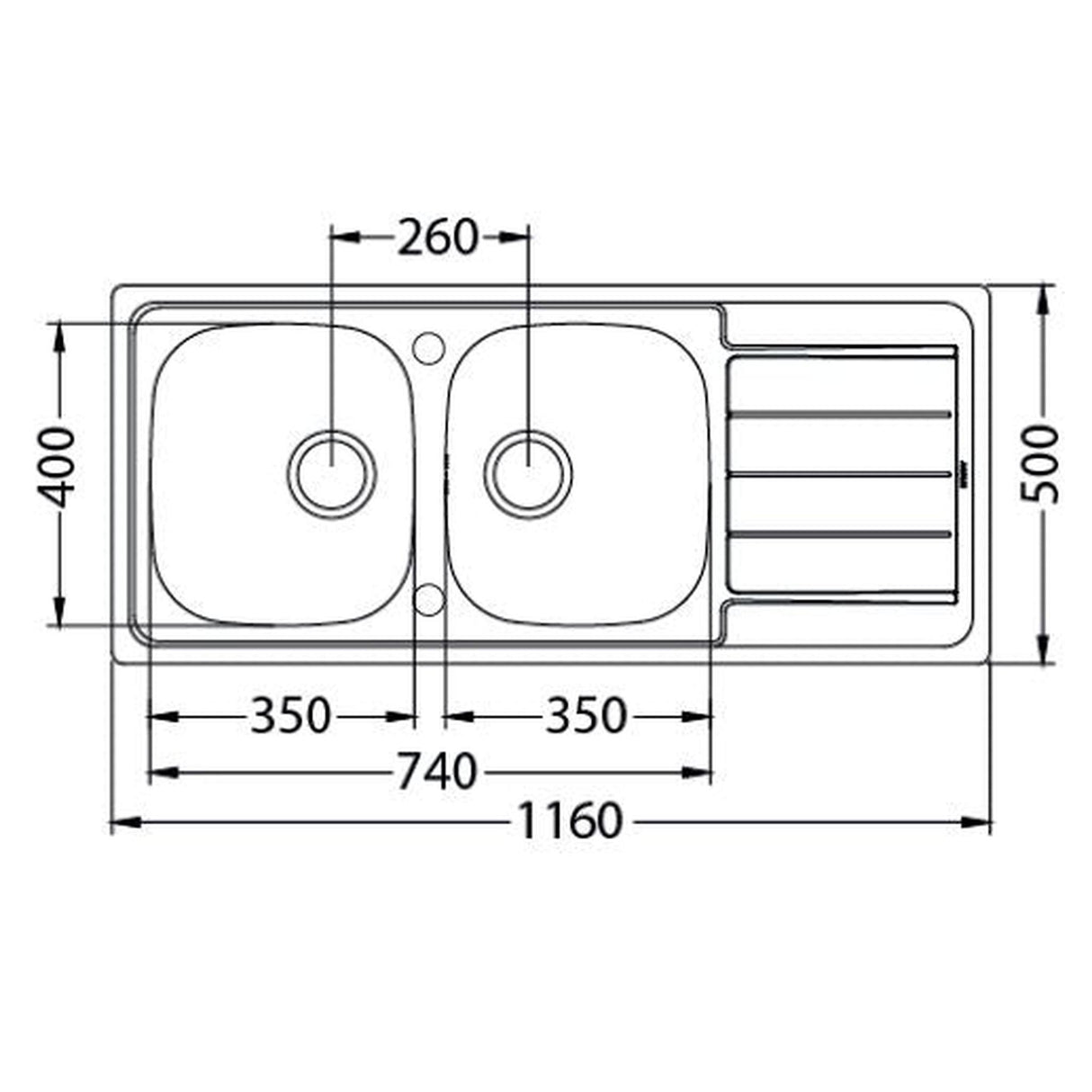 Technical Drawing with Dimensions for Alveus Line 100 Inset Sink For 800mm Cabinet In Double Bowl Single Drainer Stainless Steel