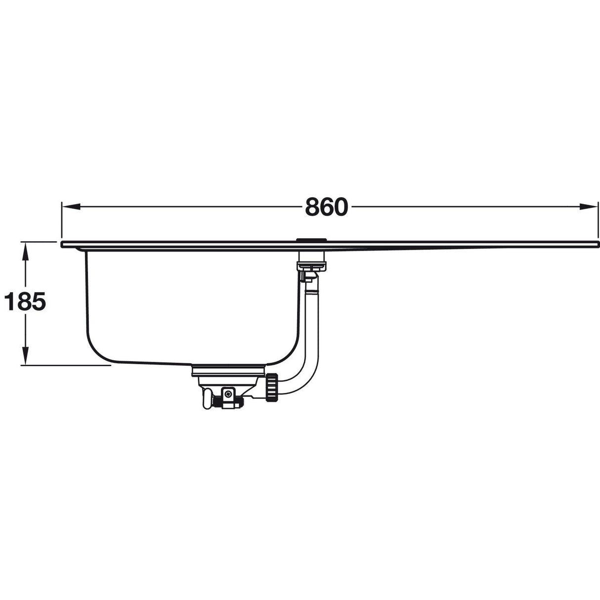 Technical drawing with dimensions for Grohe K500 Inset Mount Single Bowl Kitchen Sink for 450mm Cabinet in Stainless Steel Satin