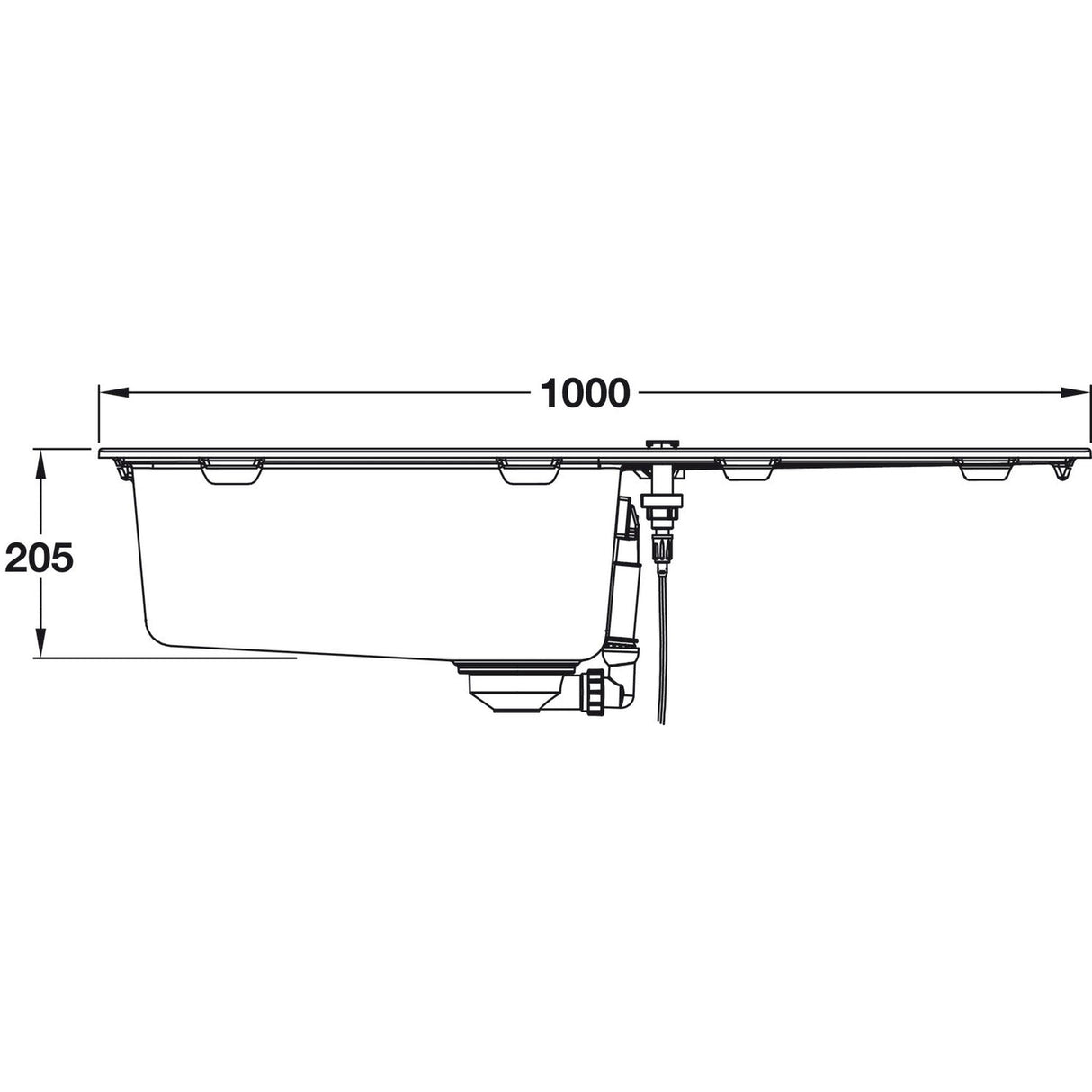 Technical Drawing with Dimensions for Grohe K400 Inset Mount Single Bowl Kitchen Sink For 600mm Cabinet In Stainless Steel Black