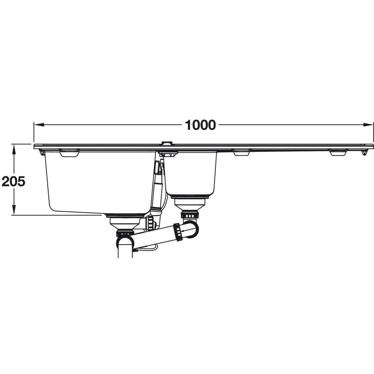 Technical drawing with dimensions for Grohe K400 Inset Mount One and Half Bowl Quartz Composite Kitchen Sink for 600mm Cabinet in Stainless Steel Black