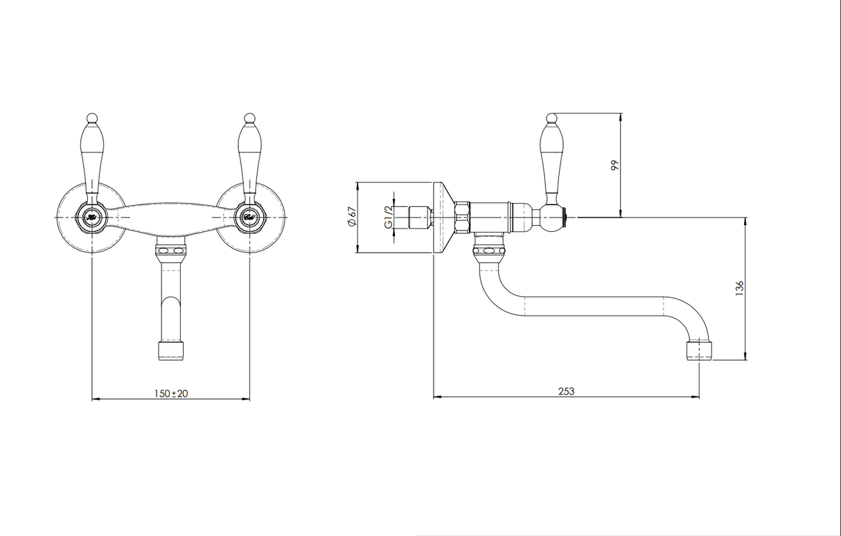 Nobili Antica Wall Mounted Kitchen Tap with Dual Lever Control & Traditional Elegant Design