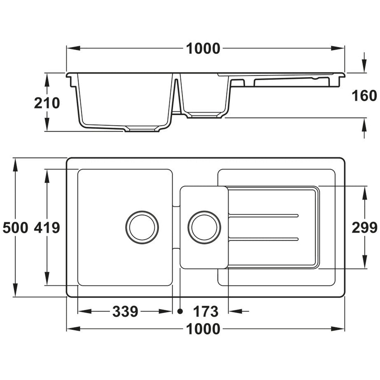 Abode Acton Inset Mount One And Quarter Bowl Kitchen Sink For 600mm Cabinet in Fire Clay Ceramic White 56990520 Dimension