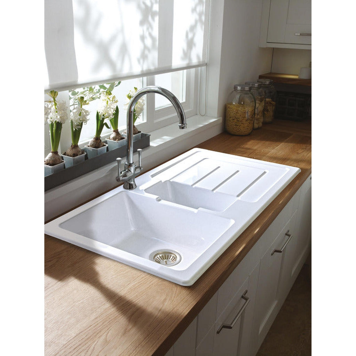 Abode Acton Inset Mount One And Quarter Bowl Kitchen Sink For 600mm Cabinet in Fire Clay Ceramic White 56990520 Lifestyle