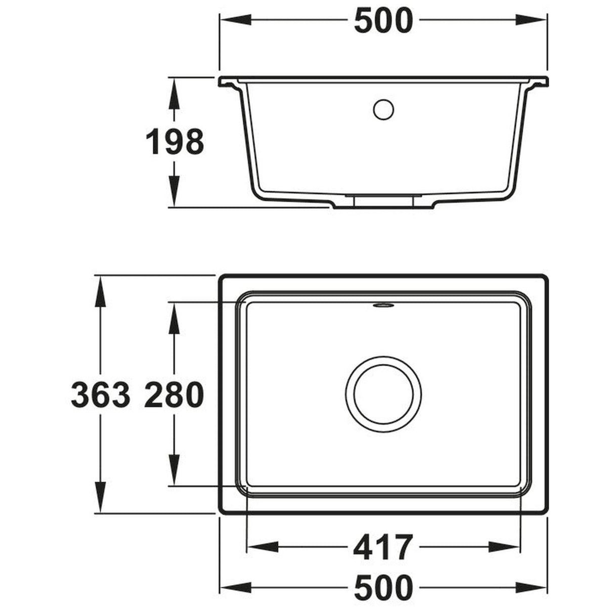 Abode Denton Undermount Inset Mount Single Bowl Kitchen Sink Accessories For 600mm Cabinet in Composite Light Grey Metallic 56990514 Dimension