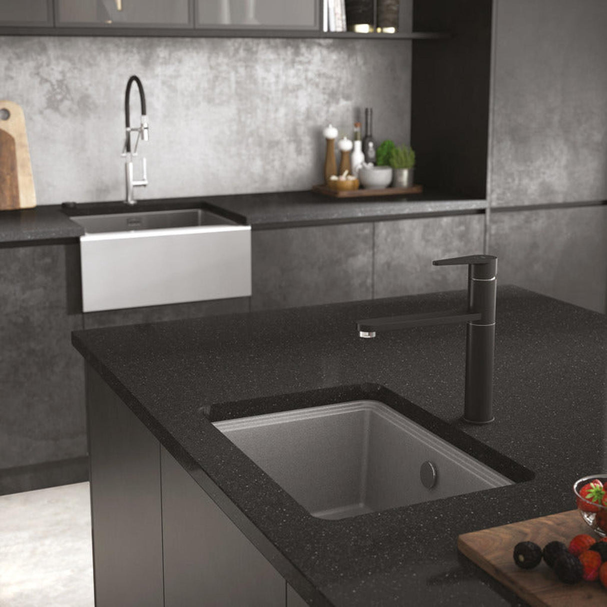 Abode Denton Undermount Inset Mount Single Bowl Kitchen Sink Accessories For 600mm Cabinet in Composite Light Grey Metallic 56990514 Lifesyle