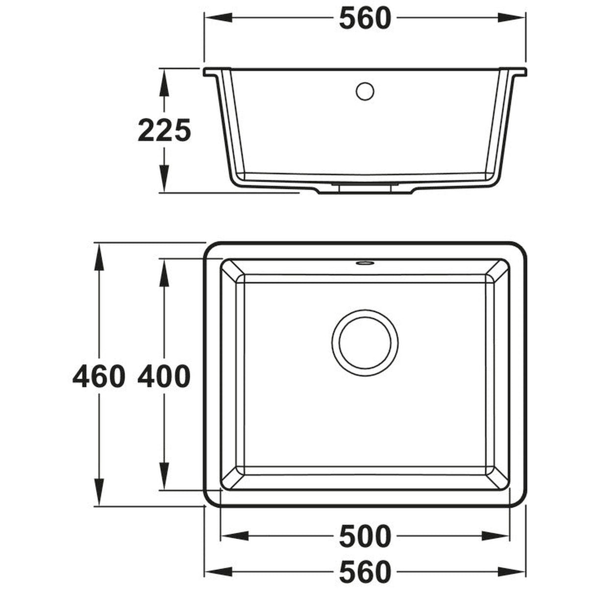 Abode Matrix SQ GR15 Undermount Inset Mount Single Bowl Kitchen Sink For 600mm Cabinet in Composite Dimension