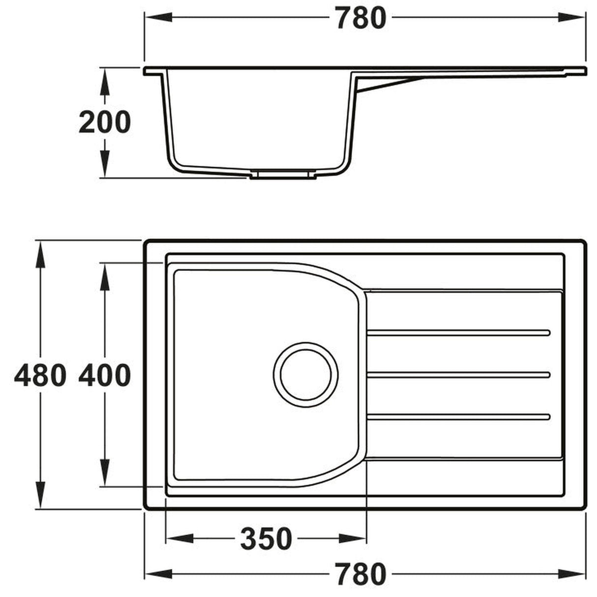 Abode Oriel Inset Mount Single Bowl Kitchen Sink For450mm Cabinet in Composite Dimenson