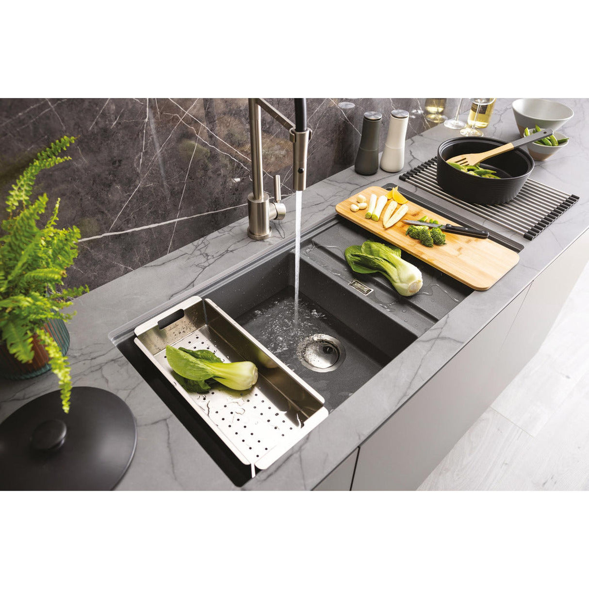 Abode Synchronist Undermount Inset Mount One And Quater Bowl Kitchen Sink Accessories For 600mm Cabinet in Composite Lifestyle