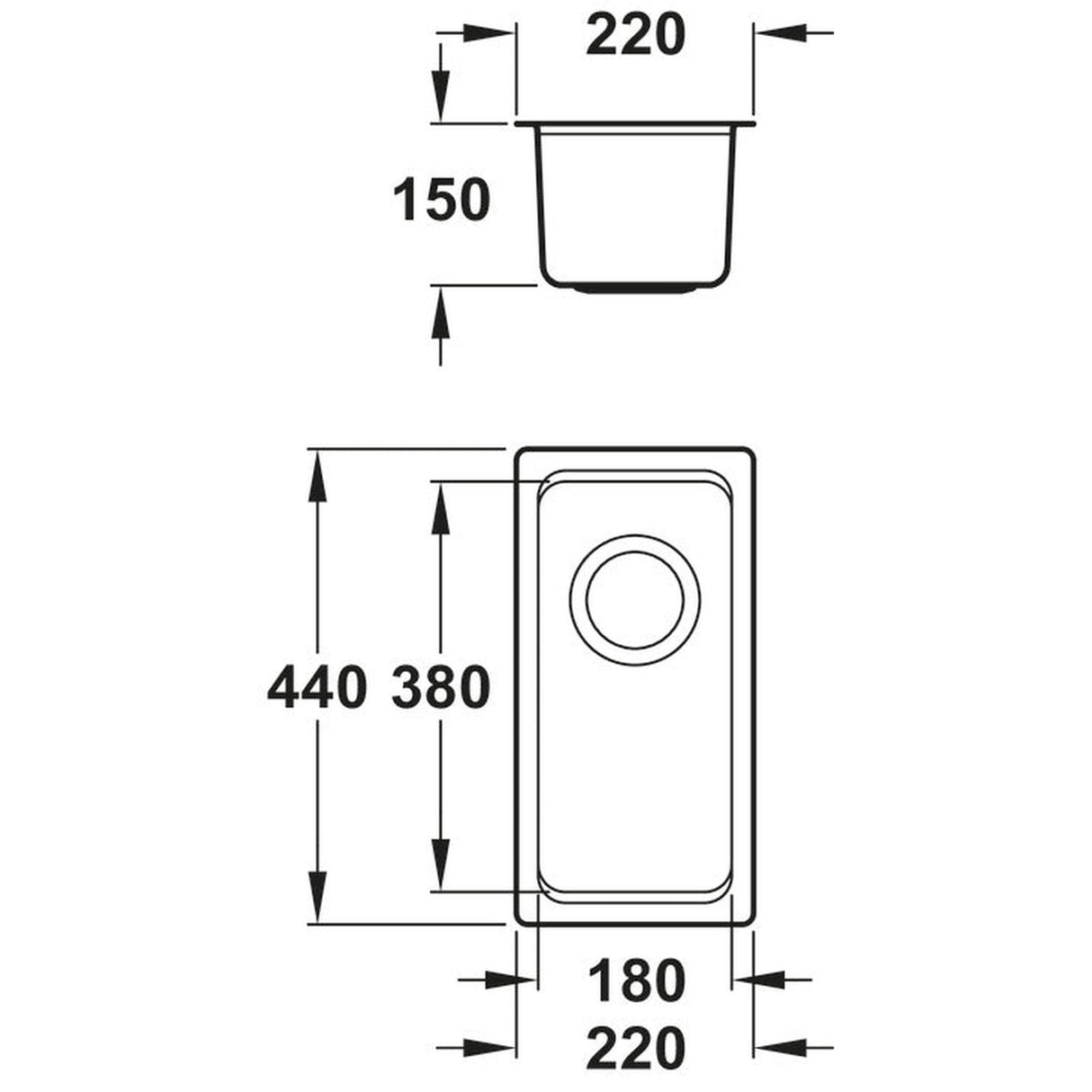 Abode System Sync Undermount Inset mount Single Bowl Kitchen Sink For 400mm Cabinet in Stainless Steel 56990457 Dimension