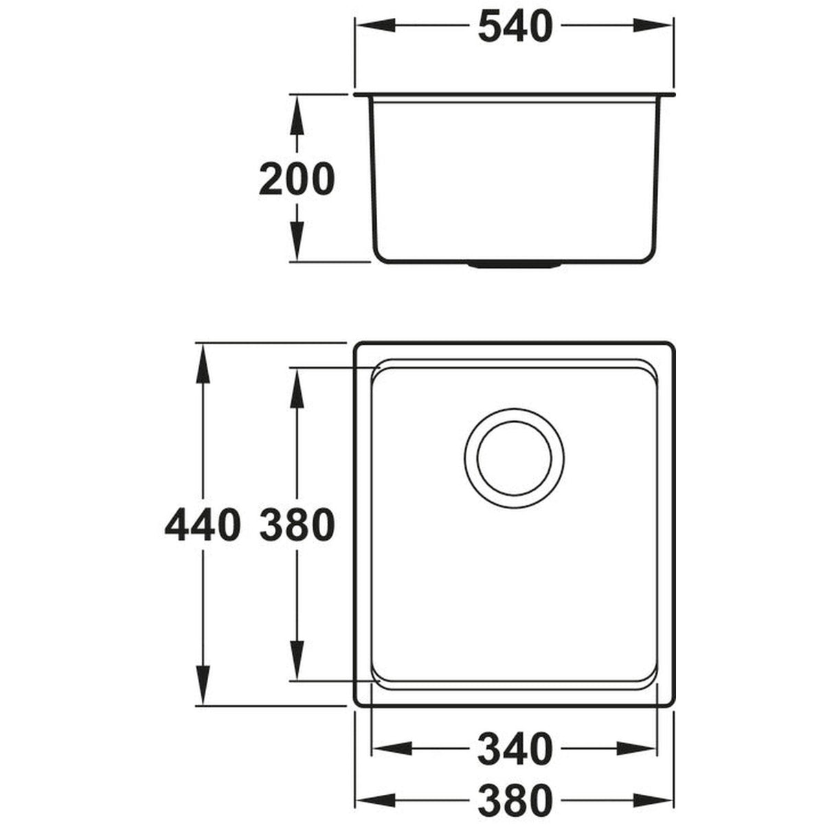 Abode System Sync Undermount Inset mount Single Bowl Kitchen Sink For 500mm Cabinet in Stainless Steel 56990458 Dimension