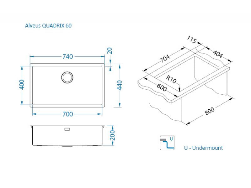 Alveus Monarch Quadrix 60 1.0 Bowl Flush Undermount & Inset Kitchen Sink