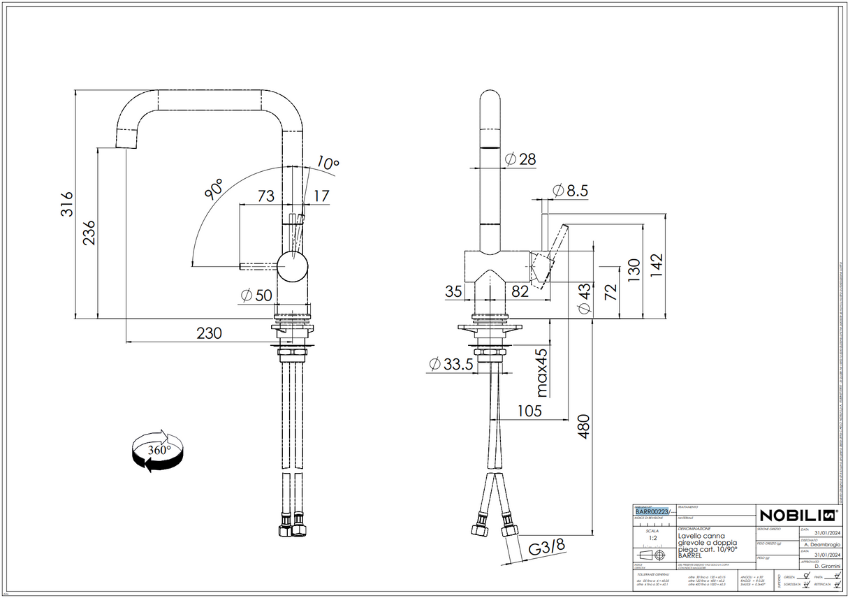 Nobili Live U Spout Kitchen Mixer Tap with Single Lever Control & Italian Design