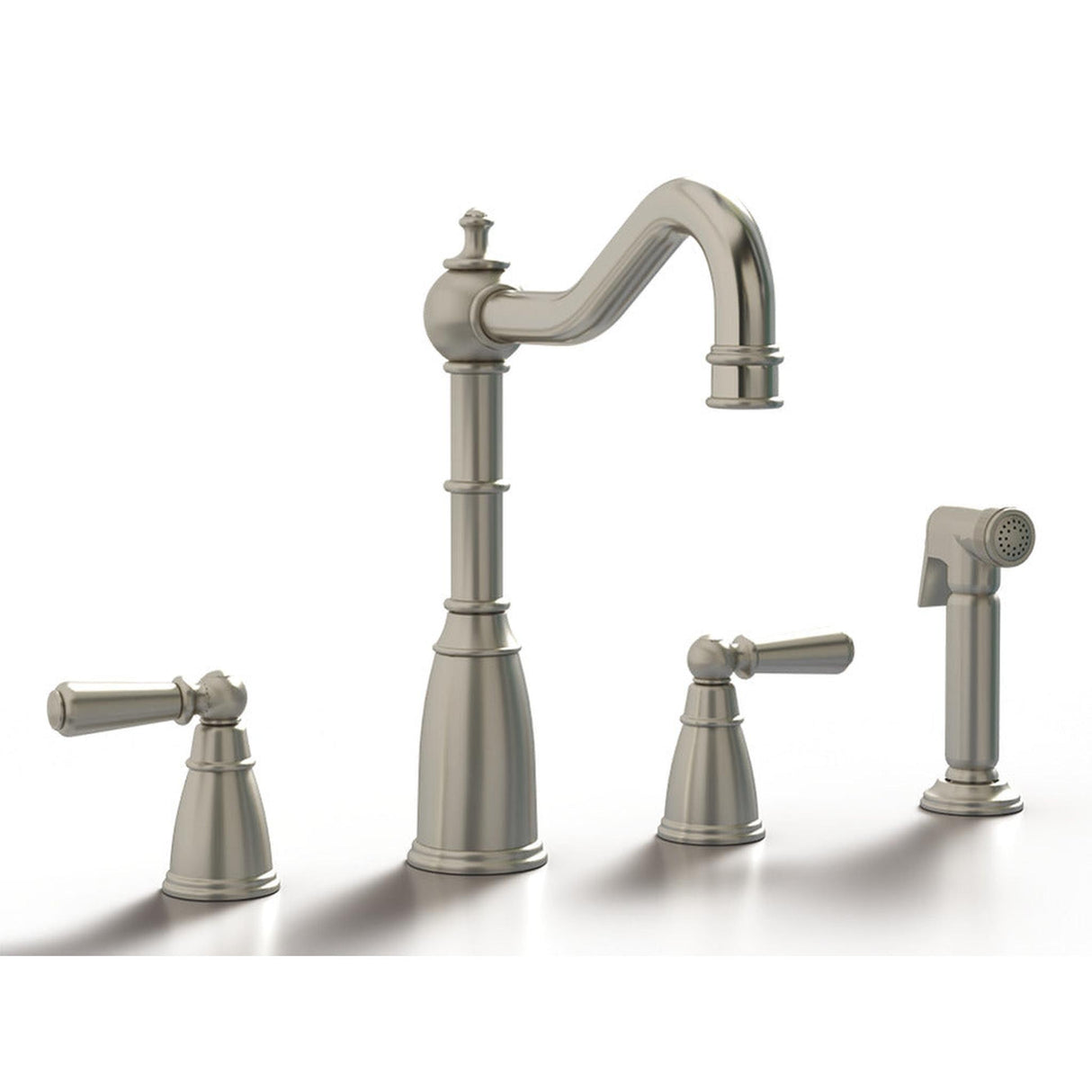 Bidbury & Co. Stockwell Country Style Spout 4-Hole Mixer Tap with Metal Lever Handles and Pull Out Spray Pewter 57866560
