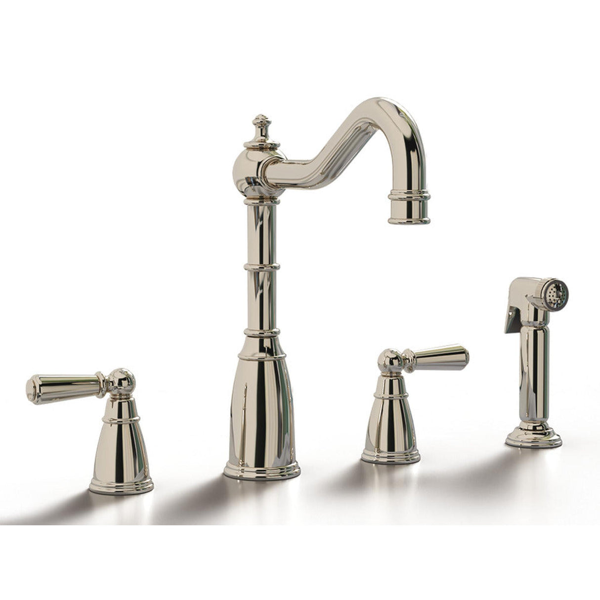 Bidbury & Co. Stockwell Country Style Spout 4-Hole Mixer Tap with Metal Lever Handles and Pull Out Spray Polished Nickel 57866760