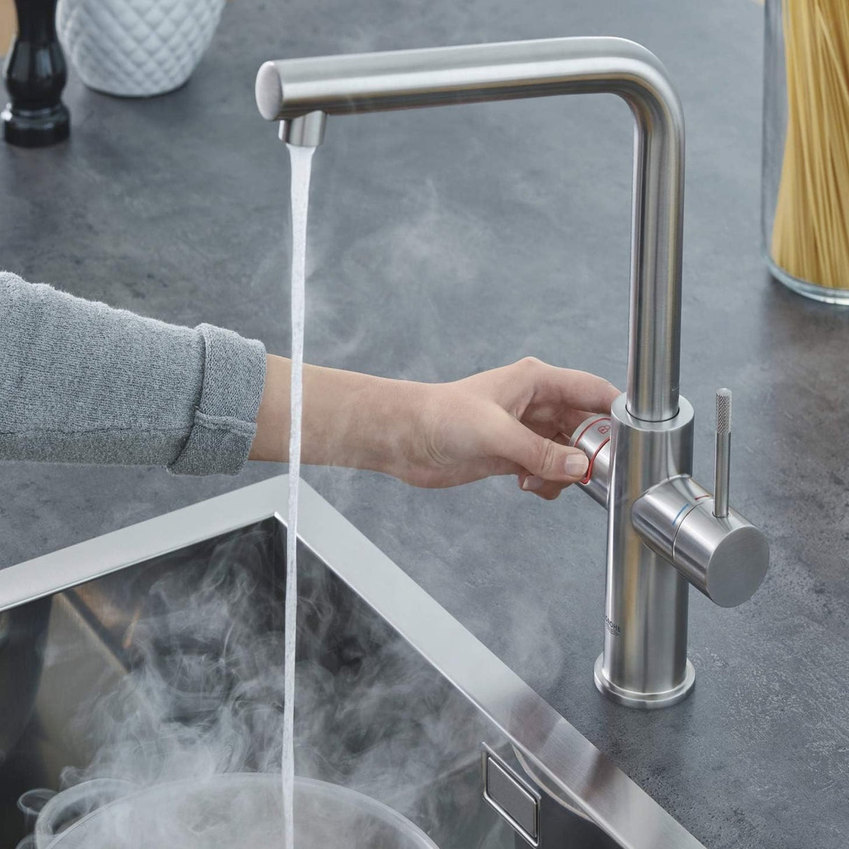 Grohe Red Duo Instant Boiling Water L-Spout Kitchen Mixer Tap with 3 Litre Boiler & CoolTouch Technology Life Style 1