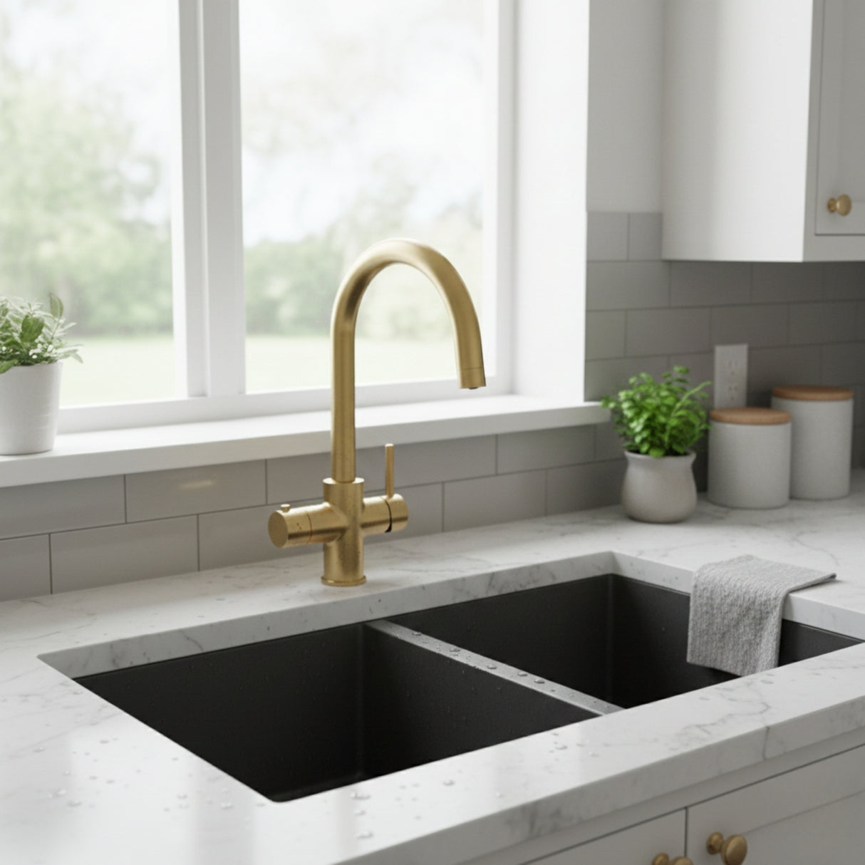 INTU 4OUR 4 in 1 Instant Boiling Water Kitchen Tap in Brushed Gold With Swan Neck and Nexus Tank Life Style