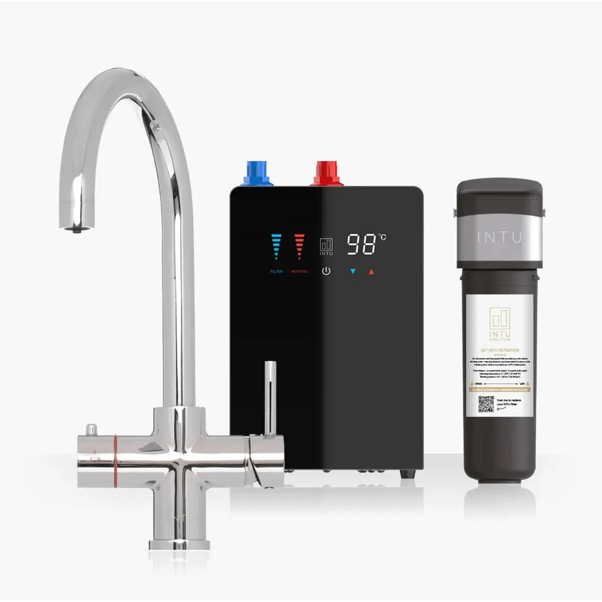 INTU 4OUR 4 in 1 Instant Boiling Water Kitchen Tap in Chrome With Swan Neck and Nexus Tank-The Tap Collection