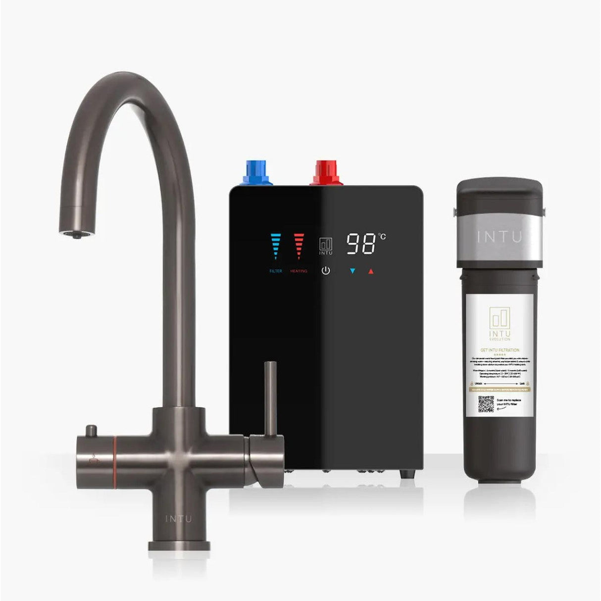 INTU 4OUR 4 in 1 Instant Boiling Water Kitchen Tap in Gunmetal With Swan Neck and Nexus Tank-The Tap Collection