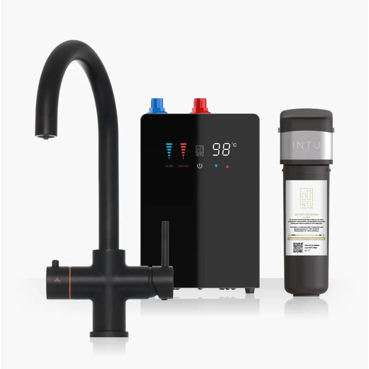 INTU 4OUR 4 in 1 Instant Boiling Water Kitchen Tap in Matt Black With Swan Neck and Nexus Tank