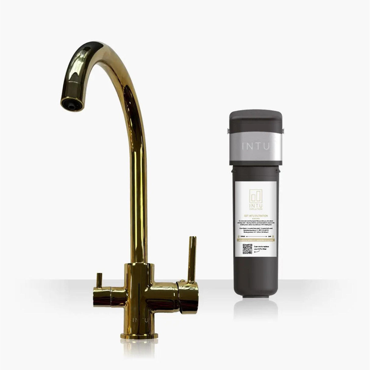 INTU Flair 3 in 1 Filtered Cold Water Kitchen Tap in Brushed Gold With Swan Neck