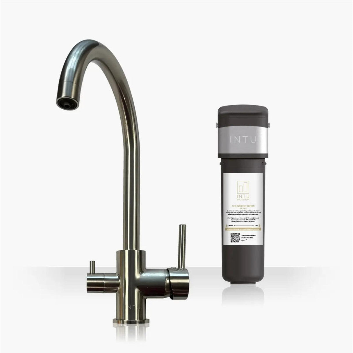 INTU Flair 3 in 1 Filtered Cold Water Kitchen Tap in Brushed Nickel With Swan Neck