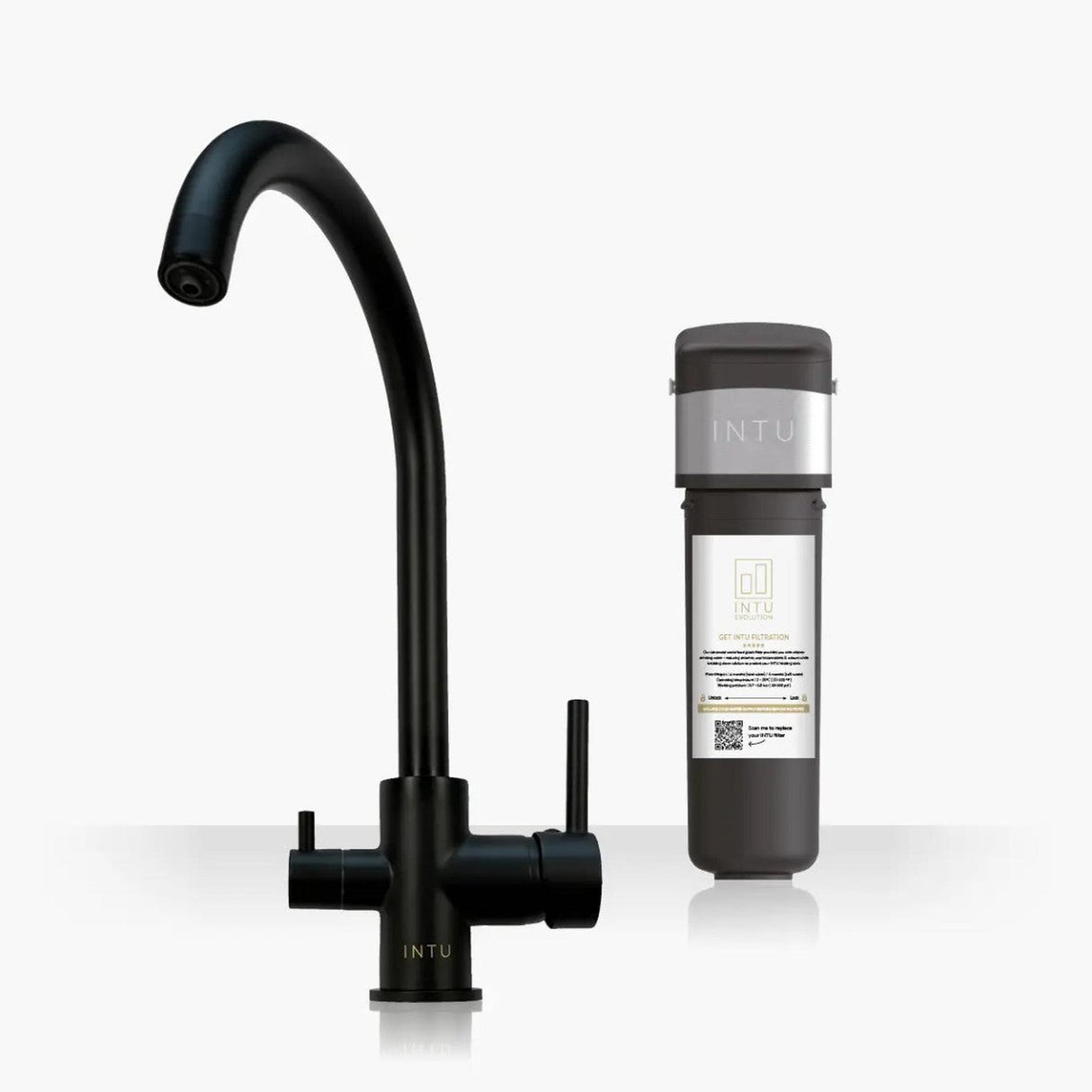 INTU Flair 3 in 1 Filtered Cold Water Kitchen Tap in Matt Black With Swan Neck-The Tap Collection