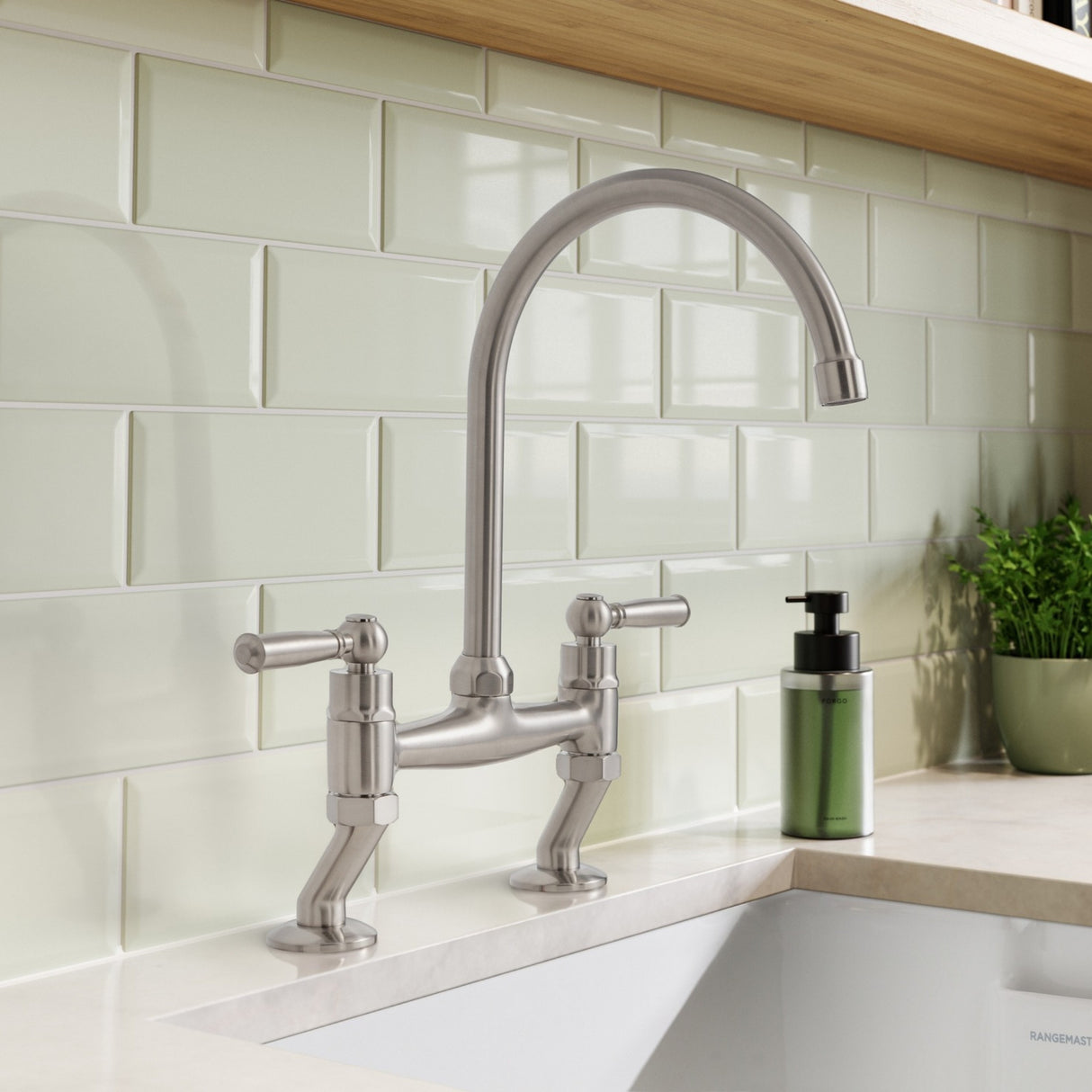 Rangemaster Aquaclassic Belfast Traditional Bridge Tap with Dual Lever in Stainless Steel Brushed Life Style