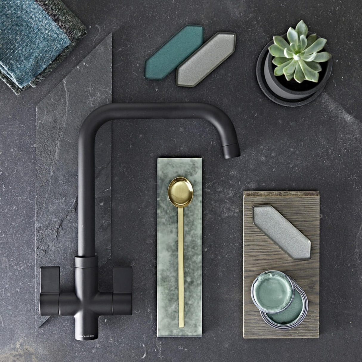 Rangemaster Aquaquad Mixer Tap Matt Black with Dual Lever in Stainless Steel Life Style