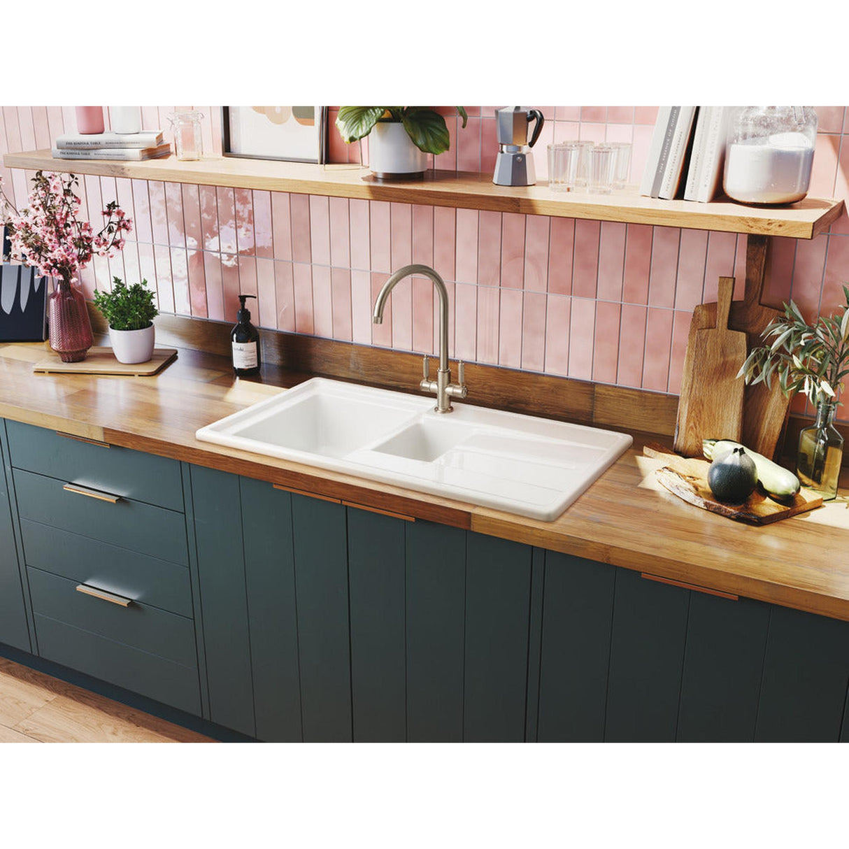 Rangemaster Arlington Inset Mount One And Half Bowl Kitchen Sink For 600mm Cabinet in Ceramic White 57902761 Lifestyle