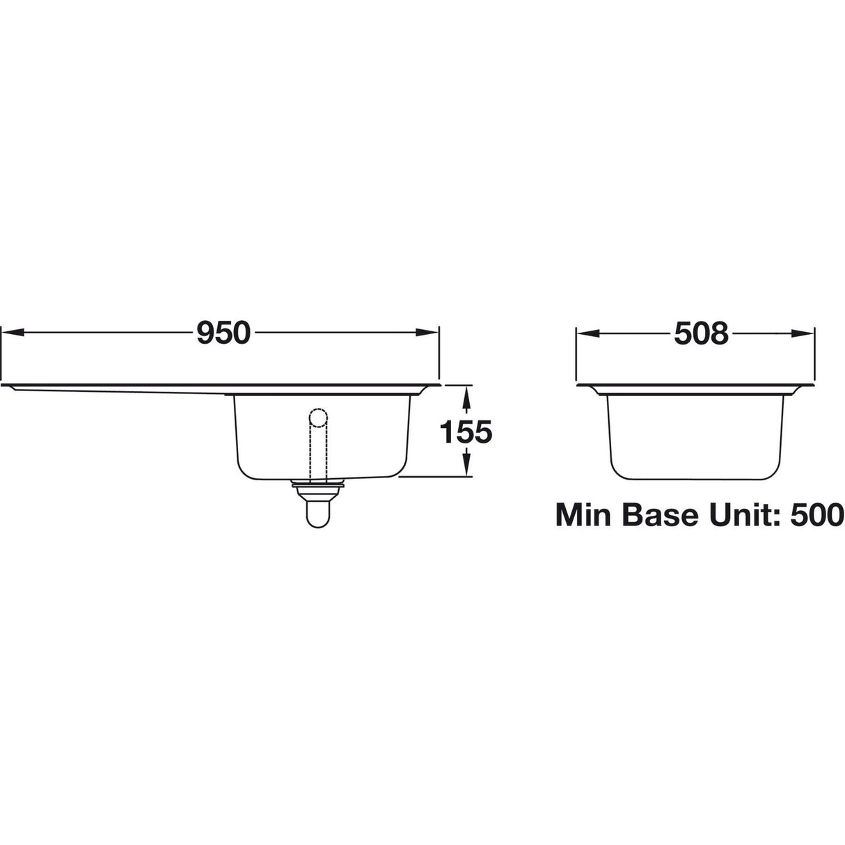 Rangemaster Arlington Surface Mo unt Single Bowl With Drainer Kitchen Sink For 600mm Cabinet in Stainless Steel Soft Brushed 56560211 Dimension