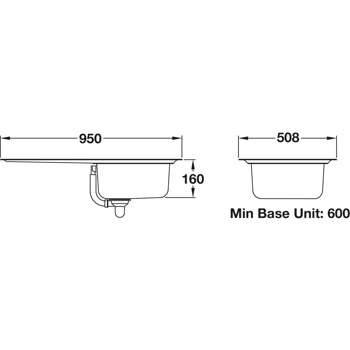Rangemaster Baltimore Surface mount Single Bowl with Drainer Kitchen Sink For 600mm Cabinet in Stainless Steel 56560191 Dimensions