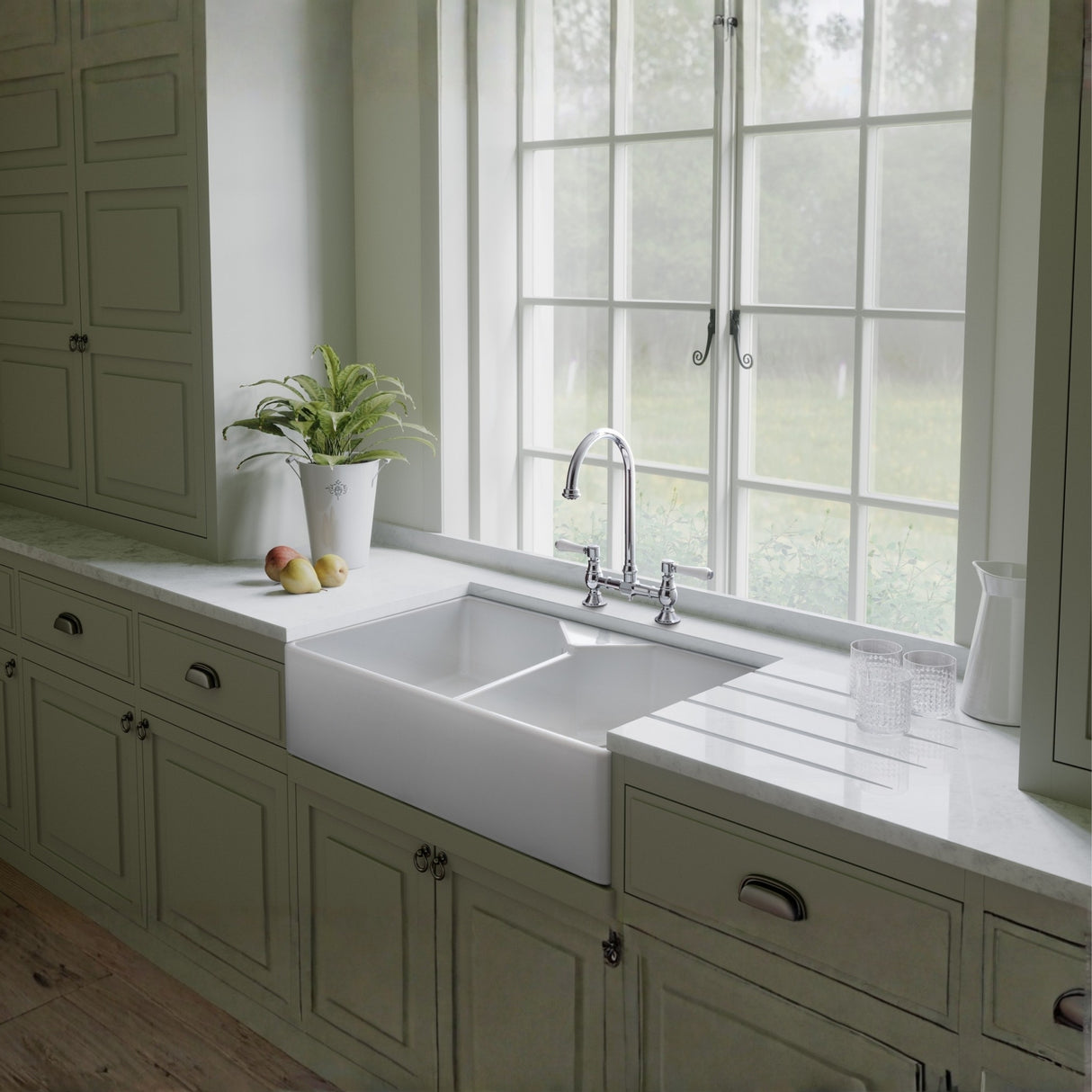 Rangemaster Belfast Mount Double Bowl Kitchen Sink for 800mm Cabinet in Ceramic Life Style