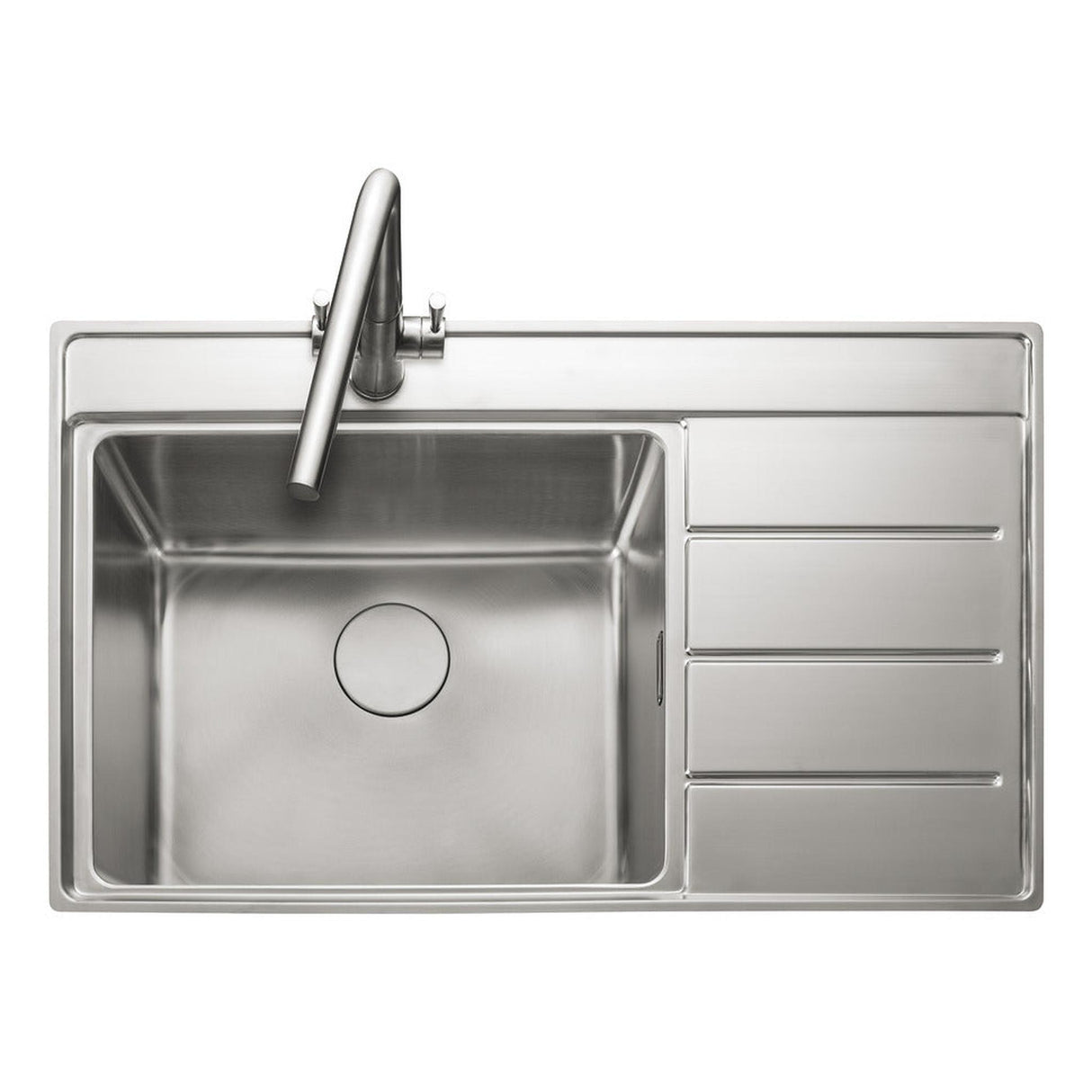 Rangemaster Boston Inset Mount Drainer Single Bowl Kitchen Sink For 600mm Cabinet in Stainless Steel Right Front View