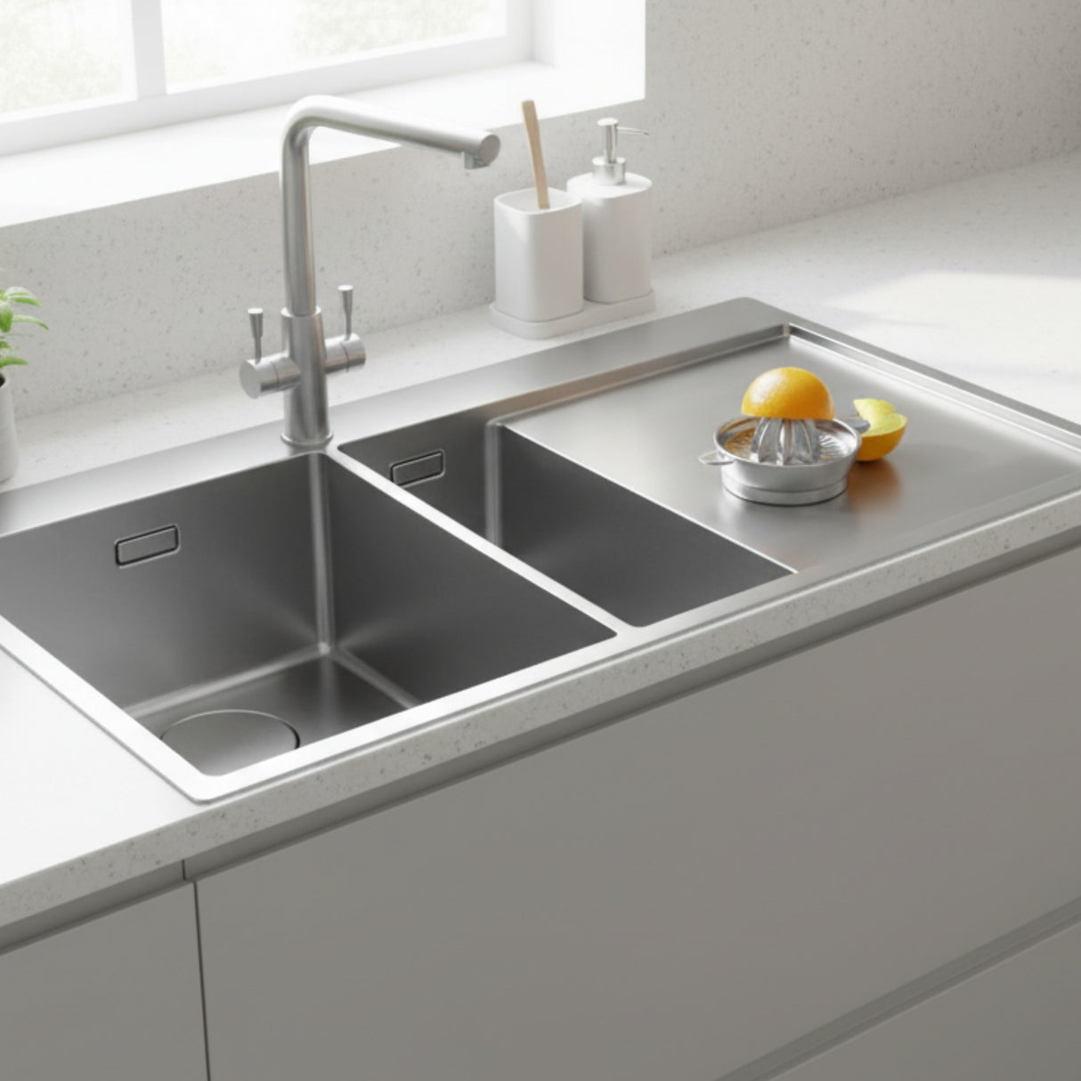 Rangemaster Cosmo Inset Mount One and Half Kitchen Sink For 600mm Cabinet in Stainless Steel Soft Brushed Right Life Style