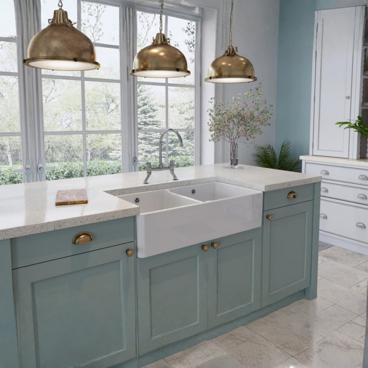 Rangemaster Farmhouse Belfast Mount Double Bowl with Kitchen Sink for 900mm Cabinet in Ceramic White Life Style