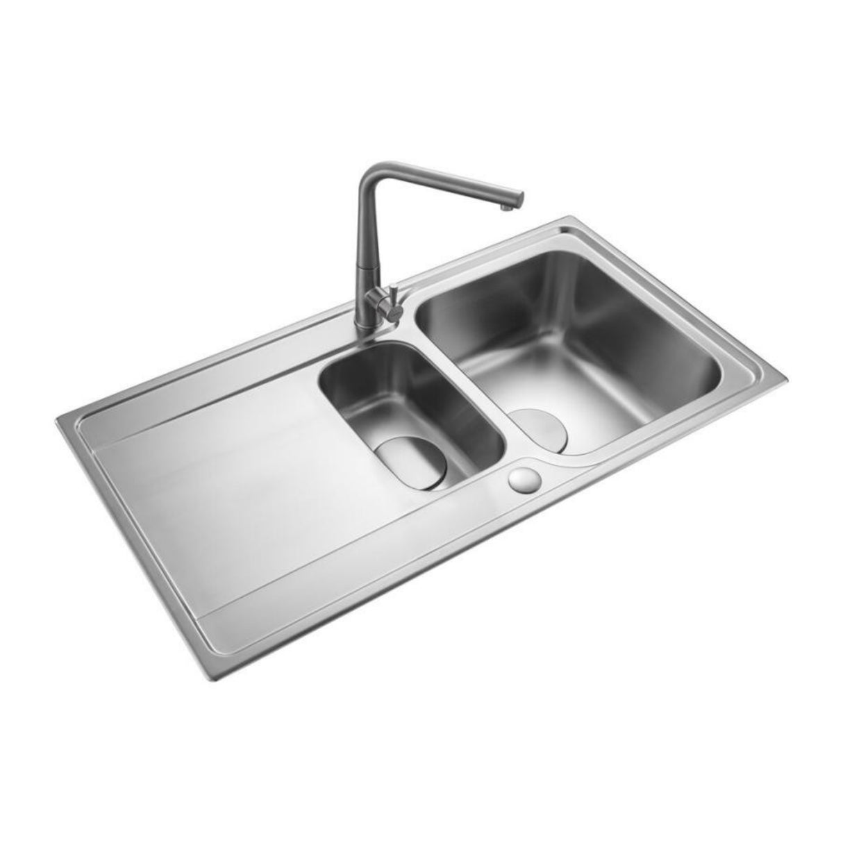 Rangemaster Iconica Inset Mount One and Half Bowl Kitchen Sink For 600mm Cabinet in Stainless Steel Side View with Tap