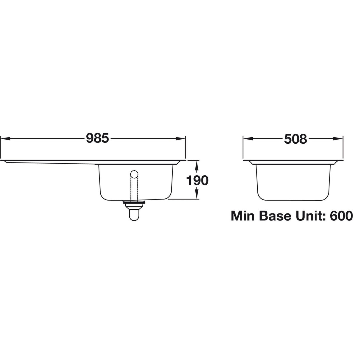 Rangemaster Oakland Surface mount Single Bowl With Drainer Kitchen Sink For 600mm Cabinet in Stainless Steel 56560240 Dimension