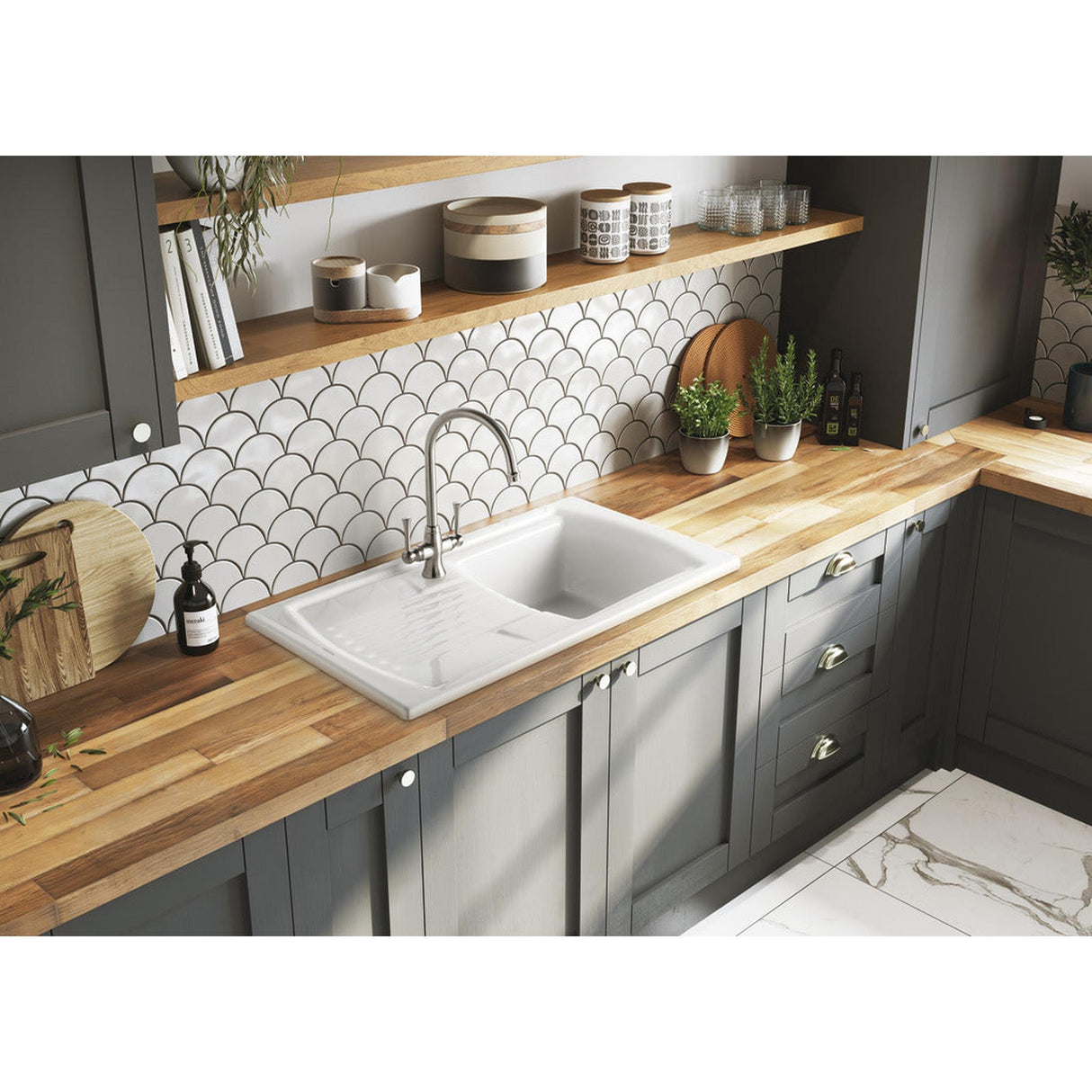 Rangemaster Tenby Inset Mount Single Bowl Kitchen Sink For 500mm Cabinet in White 57902791 Lifestyle