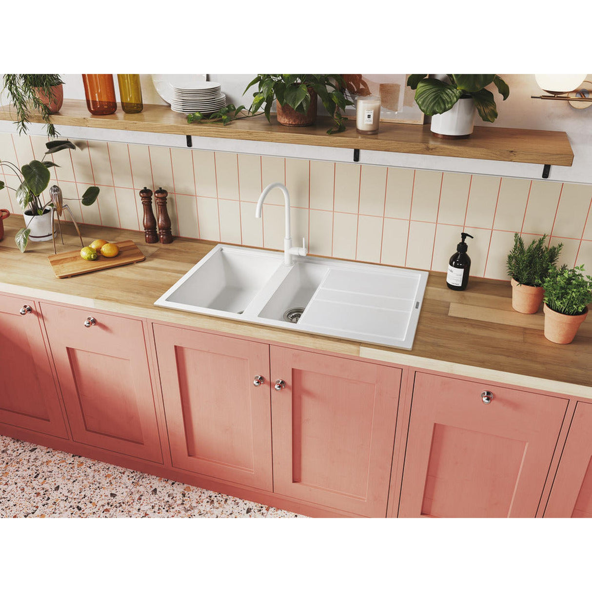 Rangemaster Topaz Compact Inset Mount Arctic white One and Half Bowl Kitchen Sink For 600mm Cabinet in Granite 57902731 Lifestyle