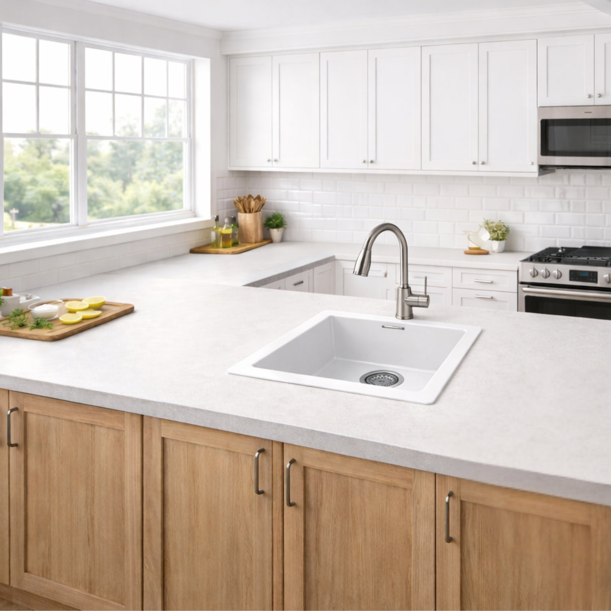 Smeg Quadra Undermount Inset Mount Single Bowl Composite Kitchen Sink For 600mm Cabinet in Stainless Steel White Life Style