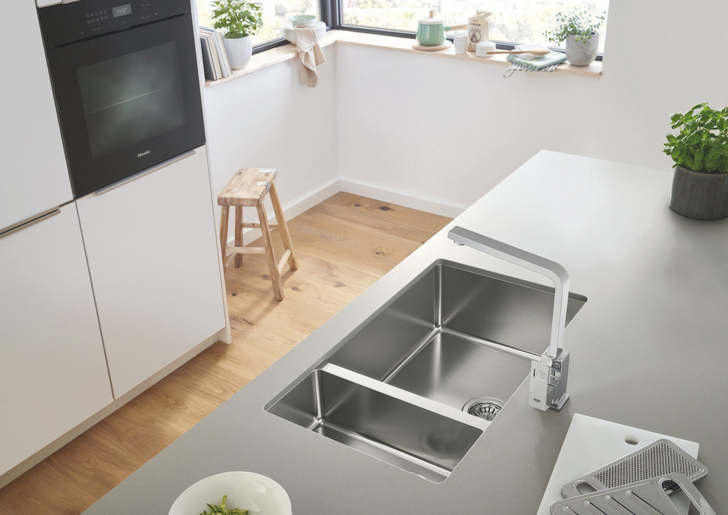 Grohe K700U 80-S 1.5 Bowl Undermount & Inset Kitchen Sink in Stainless Steel Finish with Grohe Whisper Insulation & Angular Diamond Base