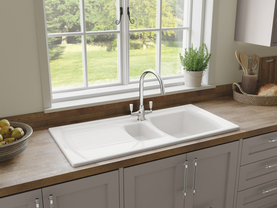 Rangemaster Tenby 1.5 Bowl Inset Ceramic Kitchen Sink in White