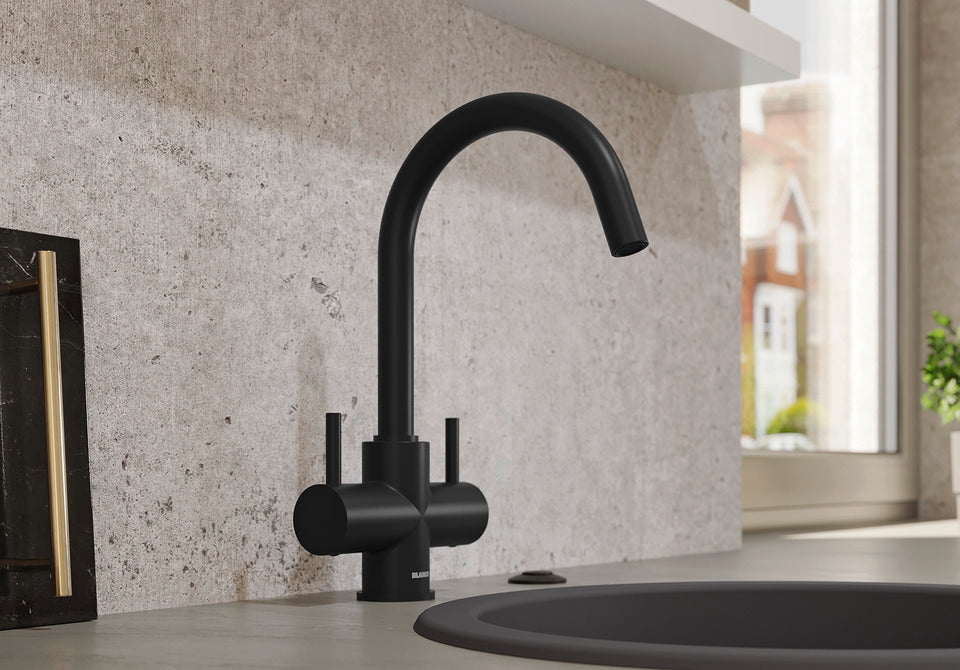 BLANCO Camia Dual Lever C-Shaped Kitchen Mixer Tap in Black Matt in a Modern Kitchen