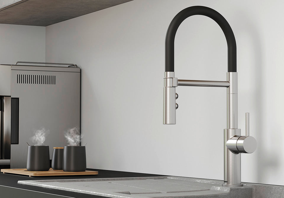 BLANCO Catris-S Flexo Single Lever Kitchen Mixer Tap with Pull Out Spray in Satin Dark Steel in a Kitchen Setting