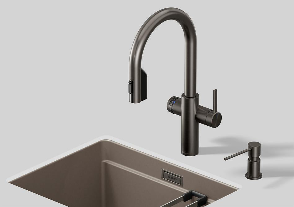 BLANCO Choice Icona-C Filter Mixer Tap with Pull-Out Spray in Satin Dark Steel over an Undermount Sink