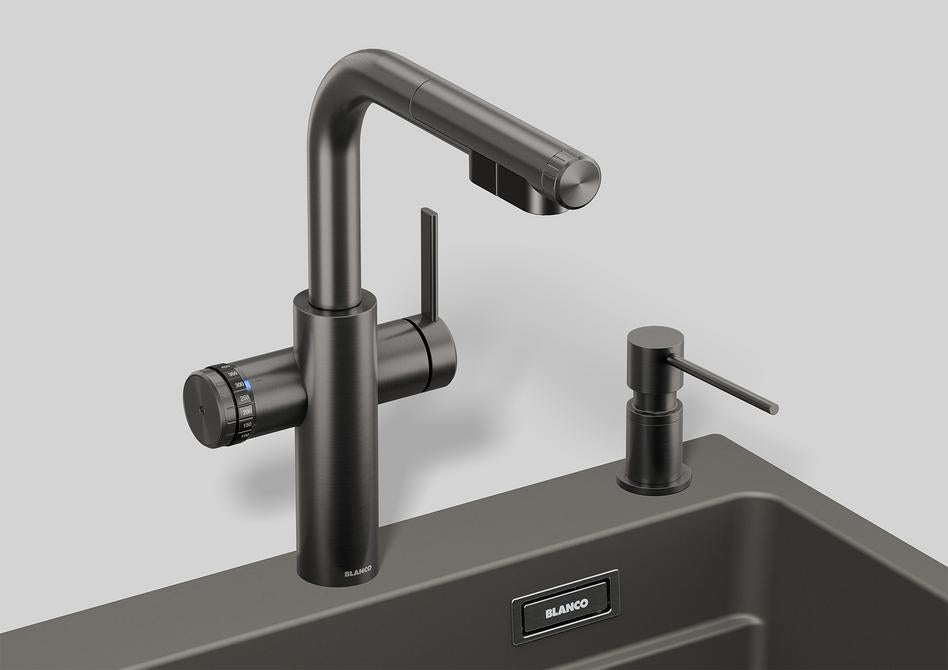 BLANCO Choice Icona-L Single Lever Filter Kitchen Mixer Tap with Pull-Out Spray in Satin Dark Steel over an Undermount Sink