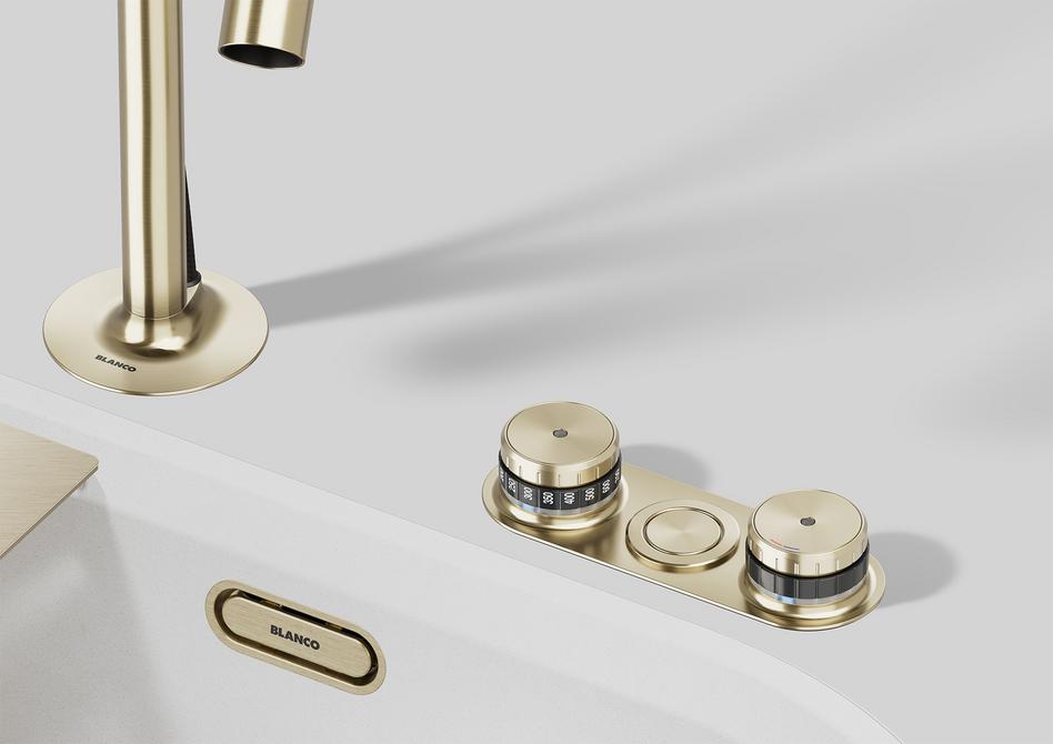 BLANCO Choice Luneoo-S Filter Kitchen Mixer Tap with Pull Out Spray in Satin Gold Base and Control Panel Close-Up